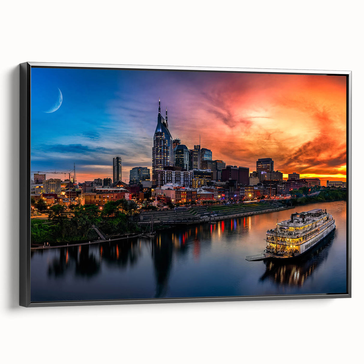 Black and white wall art featuring a vintage poster-style landscape of Nashville, Tennessee on framed canvas.