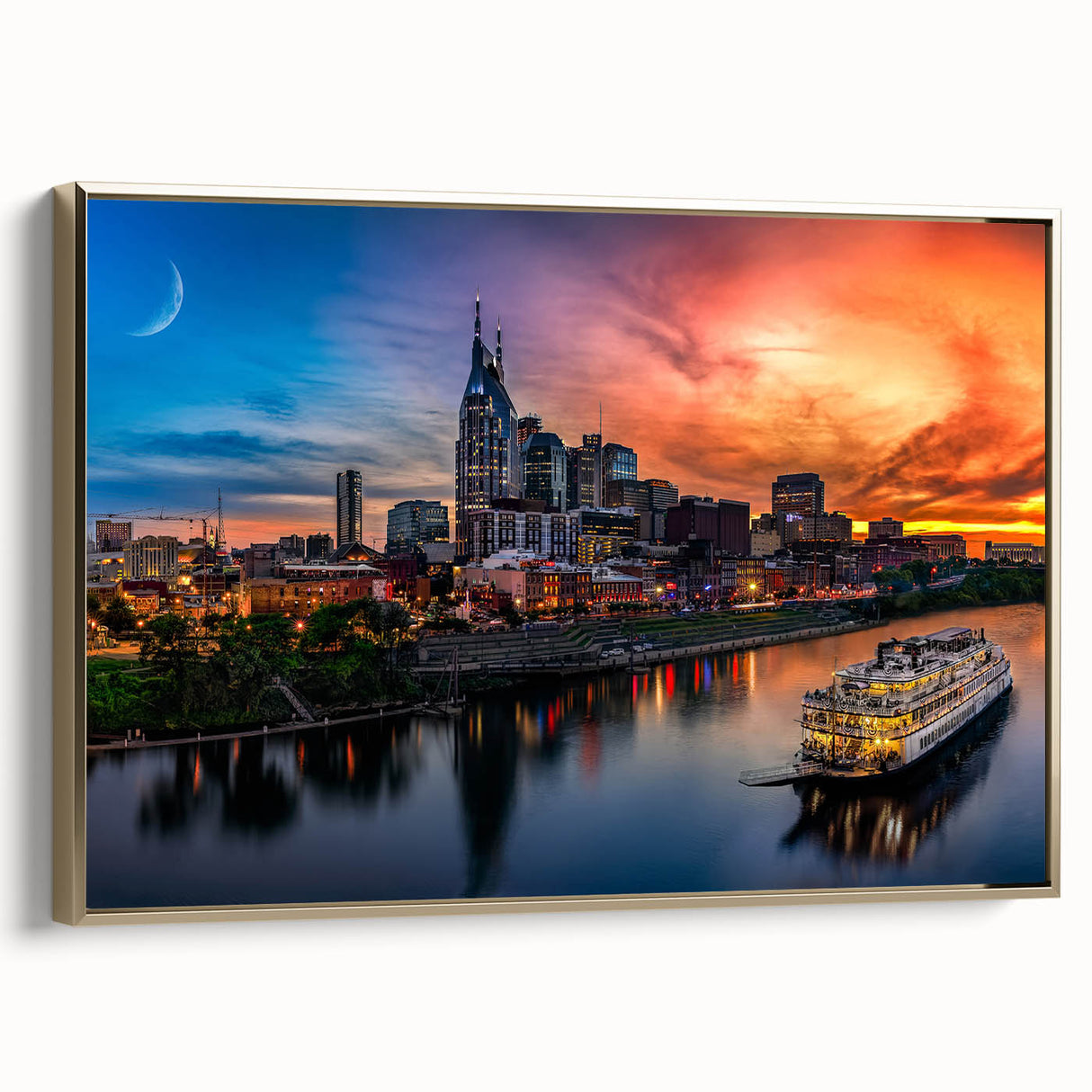 Framed canvas depicting a vintage-style Nashville landscape in muted gold and black tones, ideal for bedroom wall decor.