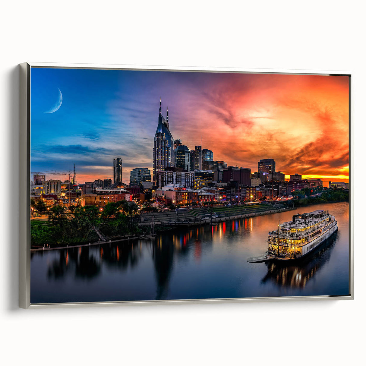 Framed canvas of Nashville landscape in muted colors, ideal for decorating a living room wall.
