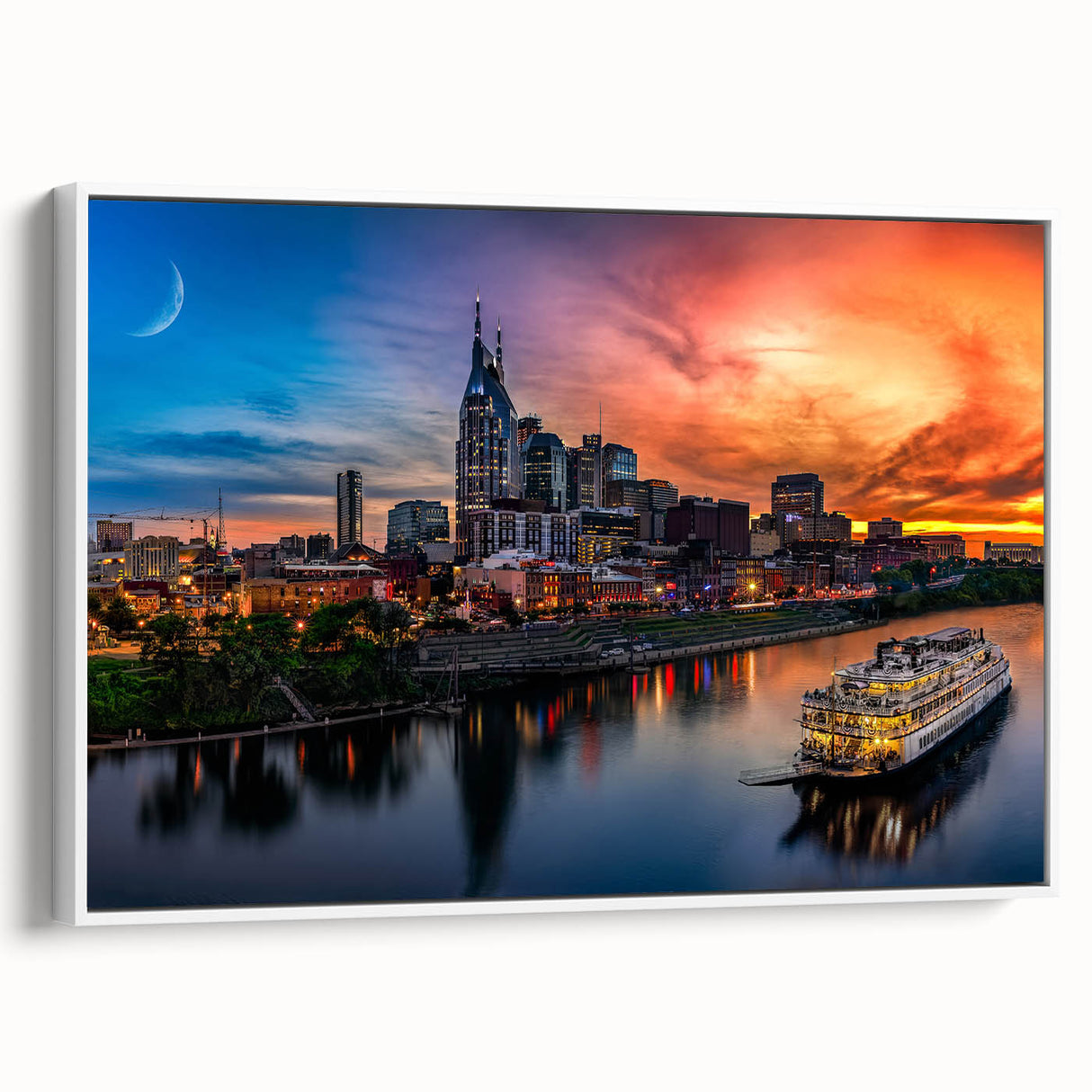 Vintage poster art of Nashville skyline in vibrant colors on a large framed canvas, ideal for living room decor.