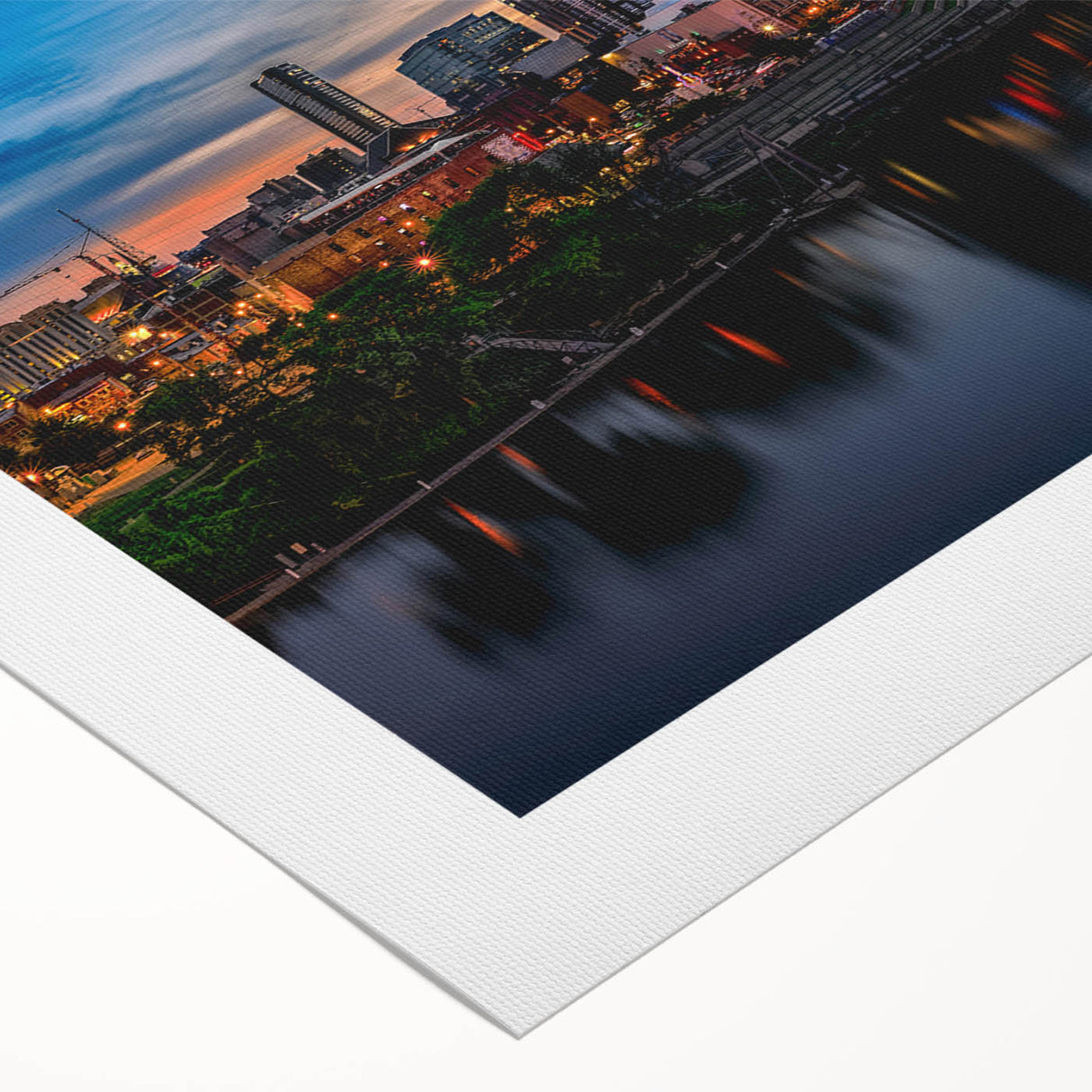 Art deco poster of Nashville skyline in muted gold and blue tones on rolled canvas, suitable for dining room wall art.