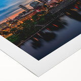 Art deco poster of Nashville skyline in muted gold and blue tones on rolled canvas, suitable for dining room wall art.