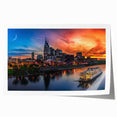 Rolled print of Nashville skyline with soft pastel shades, suitable as art wall for dining room.