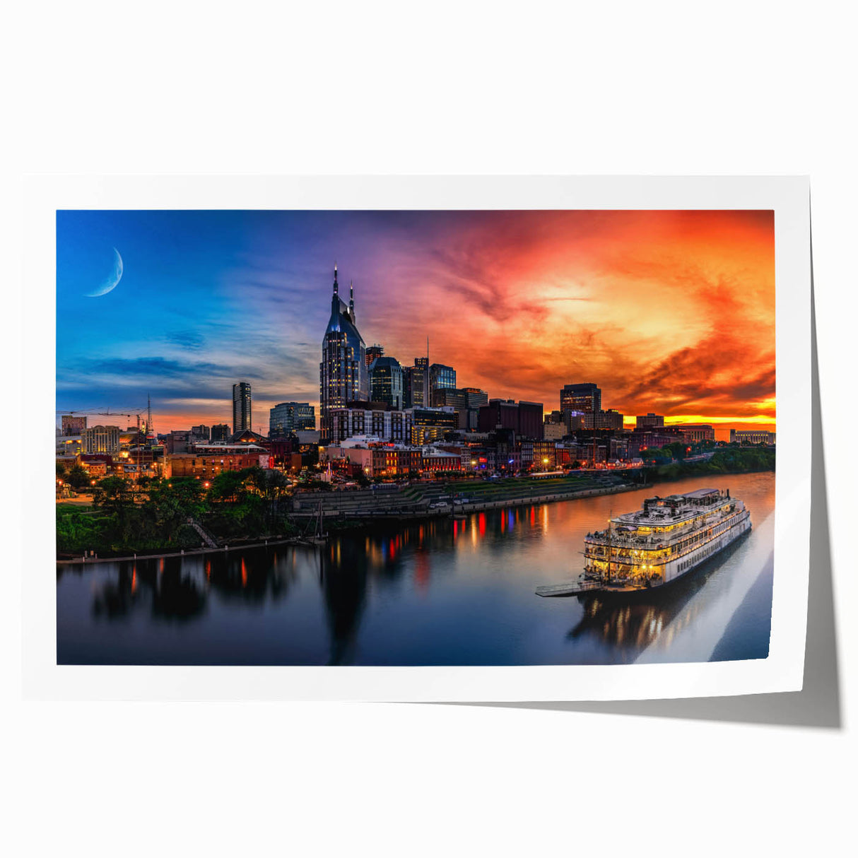Rolled print of Nashville skyline with soft pastel shades, suitable as art wall for dining room.