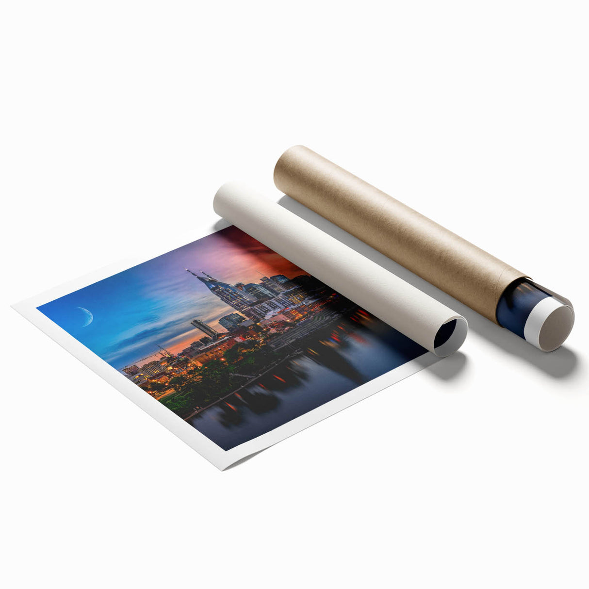 Rolled print of Nashville skyline with muted earth tones, ideal for classy bathroom wall art.