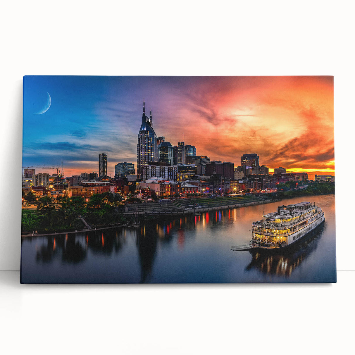 Black and white stretched canvas of Nashville skyline, suitable as large kitchen wall art or bedroom decor.