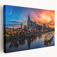 Large art depicting the Nashville skyline in muted earth tones on stretched canvas, suitable for kitchen wall decor.