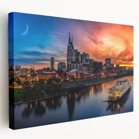 Large art depicting the Nashville skyline in muted earth tones on stretched canvas, suitable for kitchen wall decor.