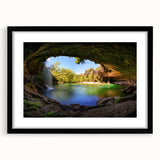 Abstract art print of Austin skyline in vibrant colors on a large textured canvas, suited for living room decor.