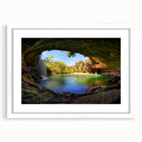 Abstract art print of Austin skyline in muted blue and gray tones on a white framed canvas, suitable for dining room decor.