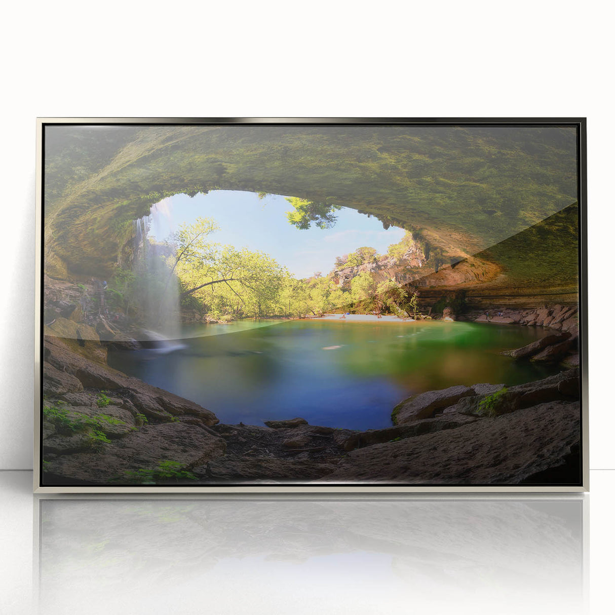 Framed acrylic panel featuring a mid-century modernist art depiction of the Austin, Texas skyline in muted earth tones.
