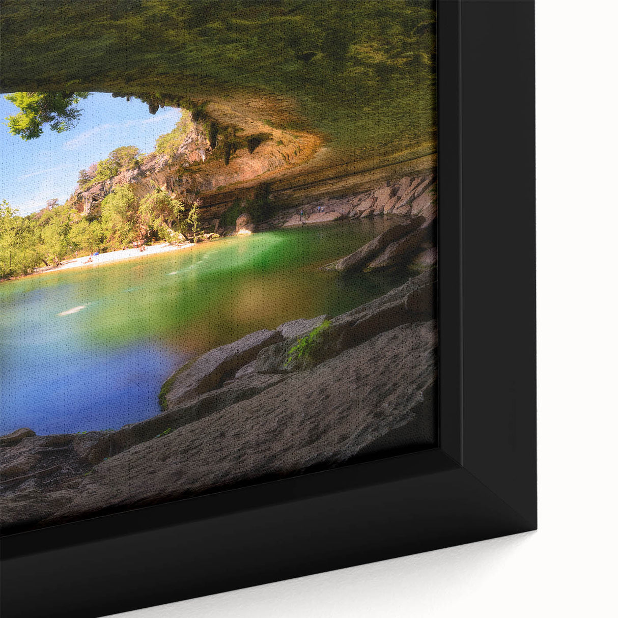 Extra large framed canvas featuring a textured depiction of the Austin skyline in black with colorful art accents.