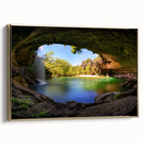 Framed canvas featuring a vintage-style landscape painting of Austin, Texas in muted gold and black tones.