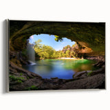 Framed canvas of a colorful Austin, Texas landscape painting in vintage style, ideal for modern living room decor.