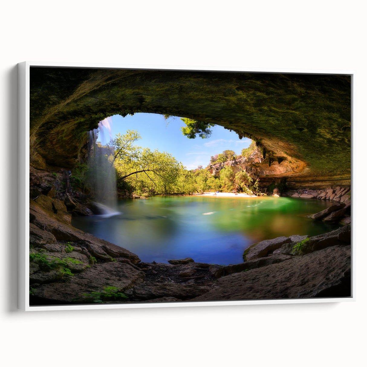 Vintage poster art of Austin, Texas skyline in colorful hues on a large framed canvas, ideal for living room decor.