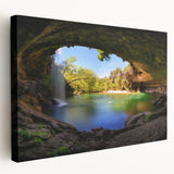 Large canvas print of the Austin skyline in muted blue and gray tones, ideal for kitchen wall art.