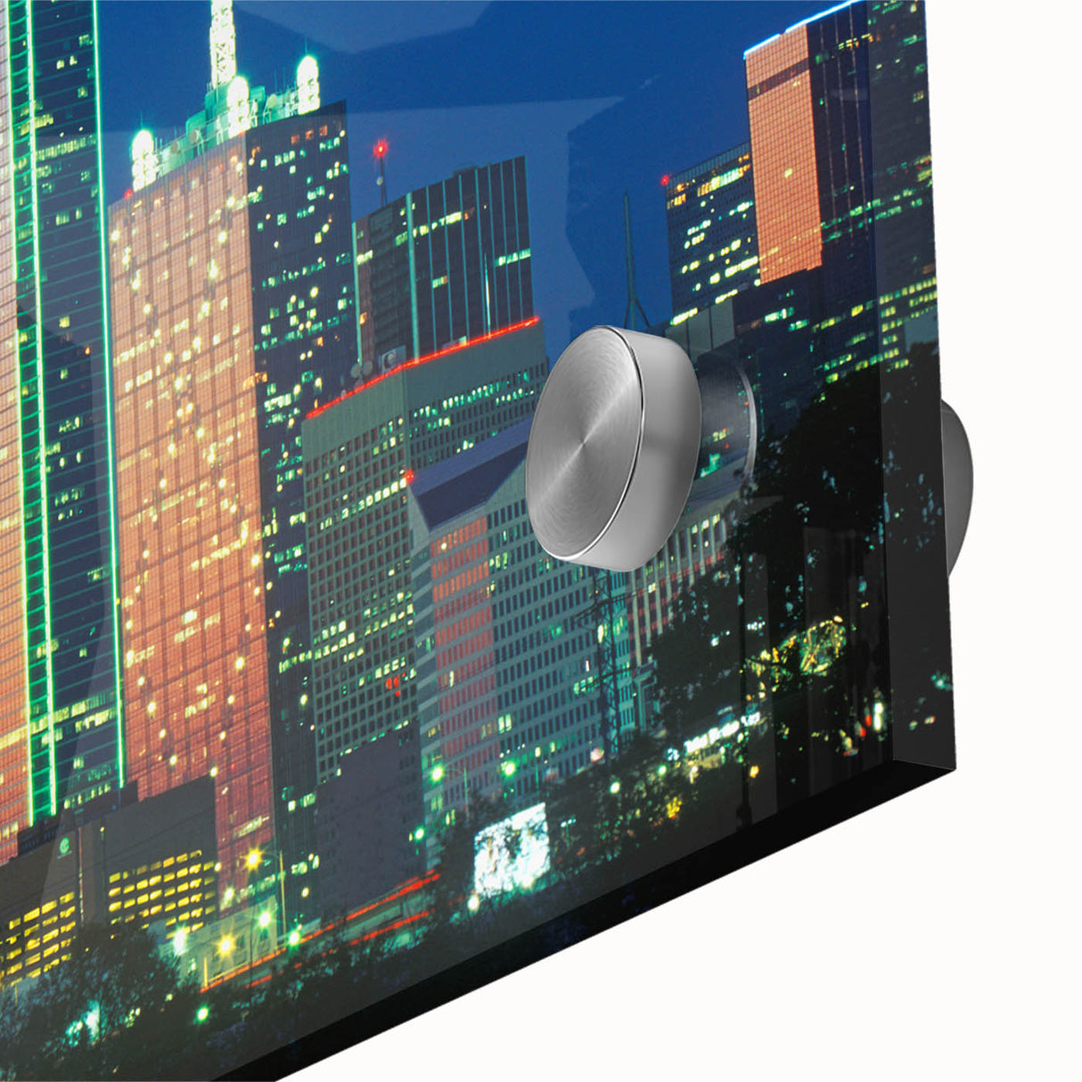 Large abstract depiction of Dallas skyline in muted blue and gray tones on acrylic glass, suitable for dining room art.