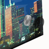Large abstract depiction of Dallas skyline in muted blue and gray tones on acrylic glass, suitable for dining room art.