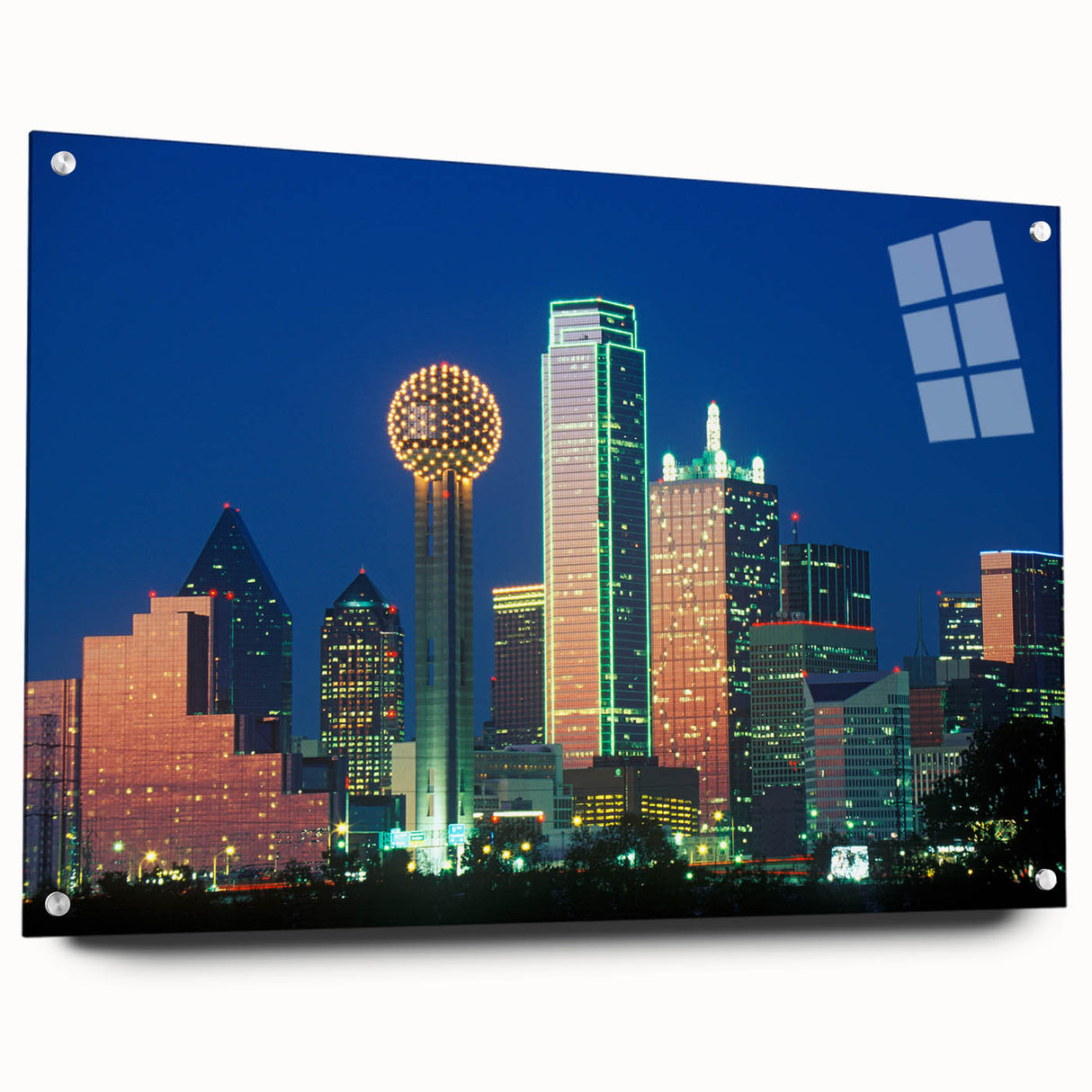 Acrylic print of Dallas skyline with vivid blue and orange hues, ideal for modern dining room decor.