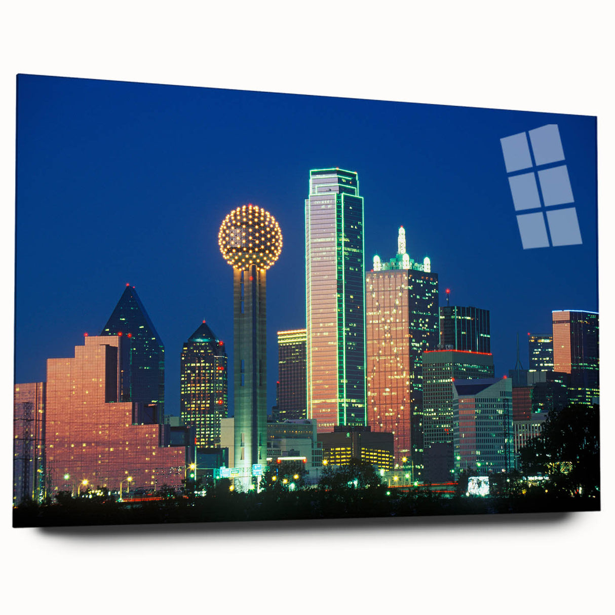 Acrylic print of a large abstract depiction of the Dallas skyline in muted blue and gray tones.