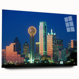 Acrylic print of a large abstract depiction of the Dallas skyline in muted blue and gray tones.