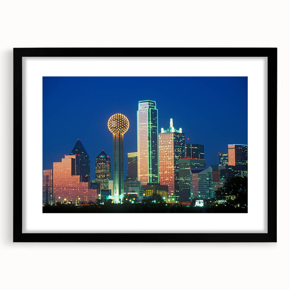 Colorful abstract art print of Dallas skyline featuring vibrant blue and orange hues on a large framed canvas.