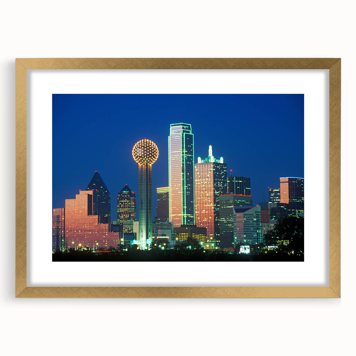 Extra large abstract art print of Dallas skyline in muted gray and gold tones on a framed canvas.