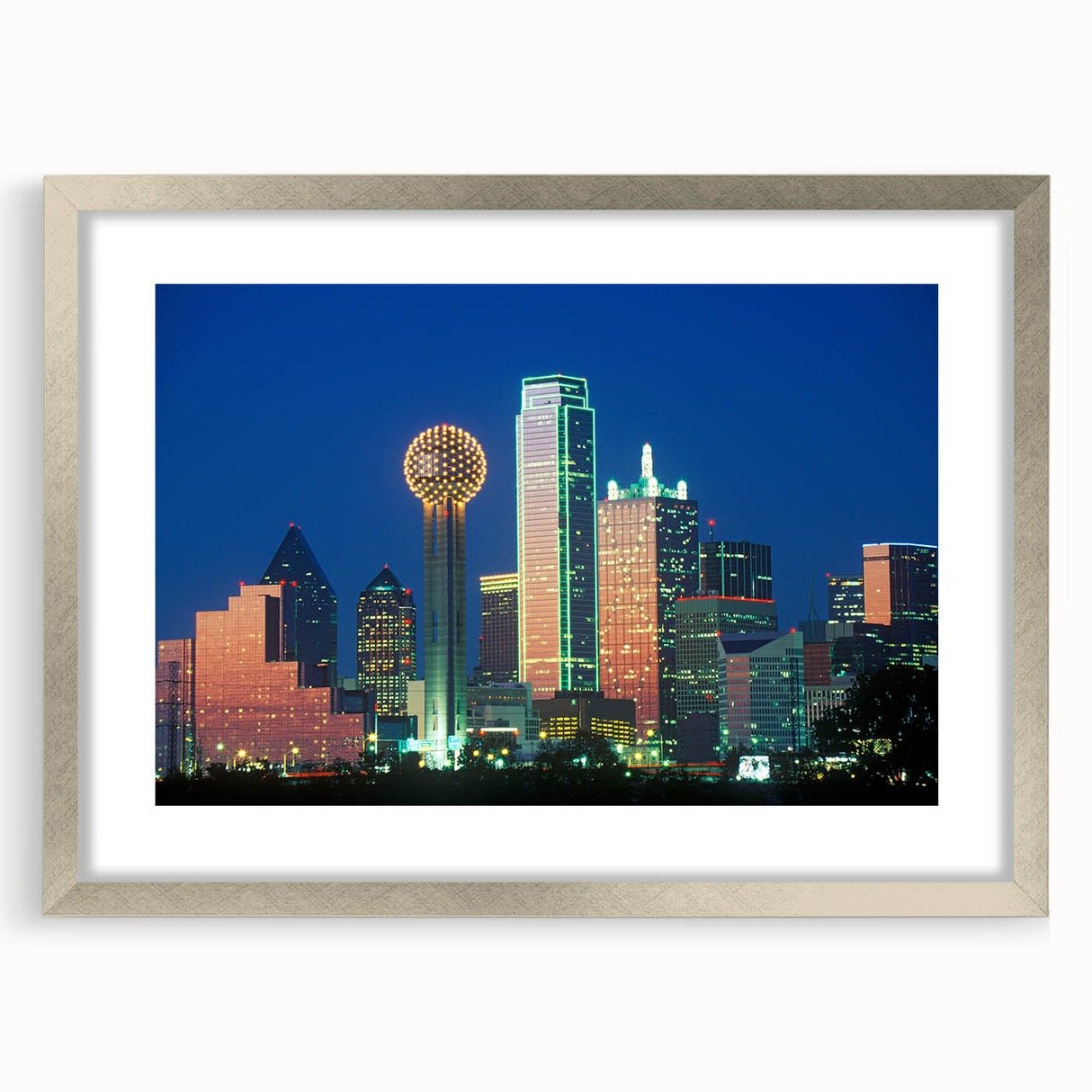 Textured abstract art print of Dallas skyline in muted gray tones on a framed silver canvas, suitable for bedroom decor.