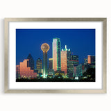 Textured abstract art print of Dallas skyline in muted gray tones on a framed silver canvas, suitable for bedroom decor.