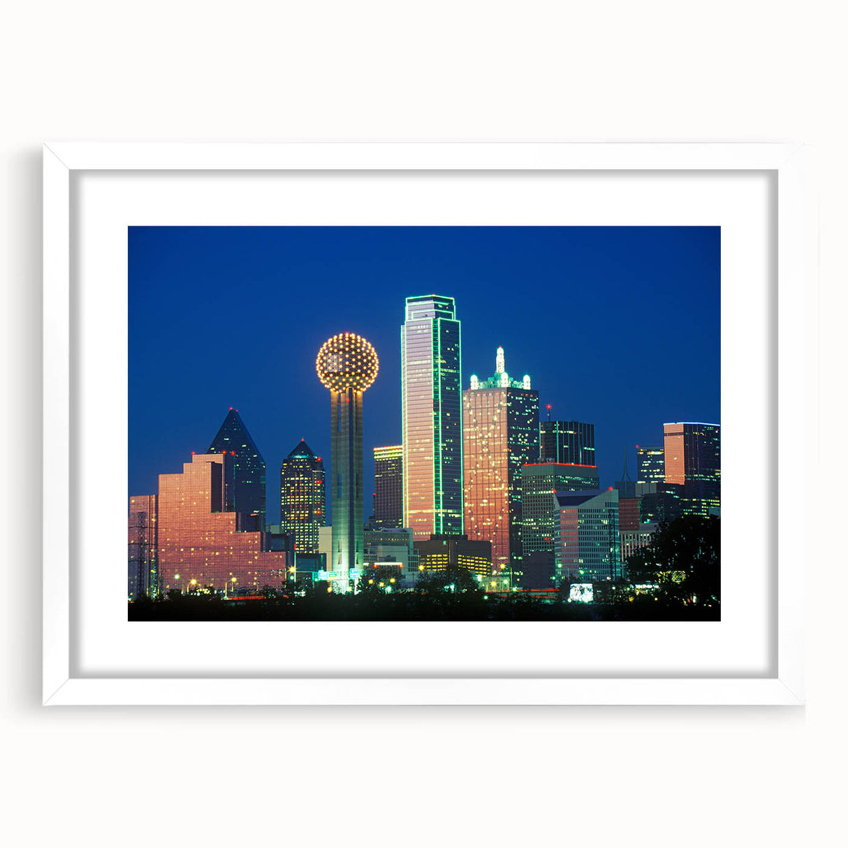 Abstract art print of Dallas skyline in muted gray and blue tones on a framed white mat, ideal for dining room decor.
