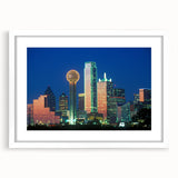 Abstract art print of Dallas skyline in muted gray and blue tones on a framed white mat, ideal for dining room decor.