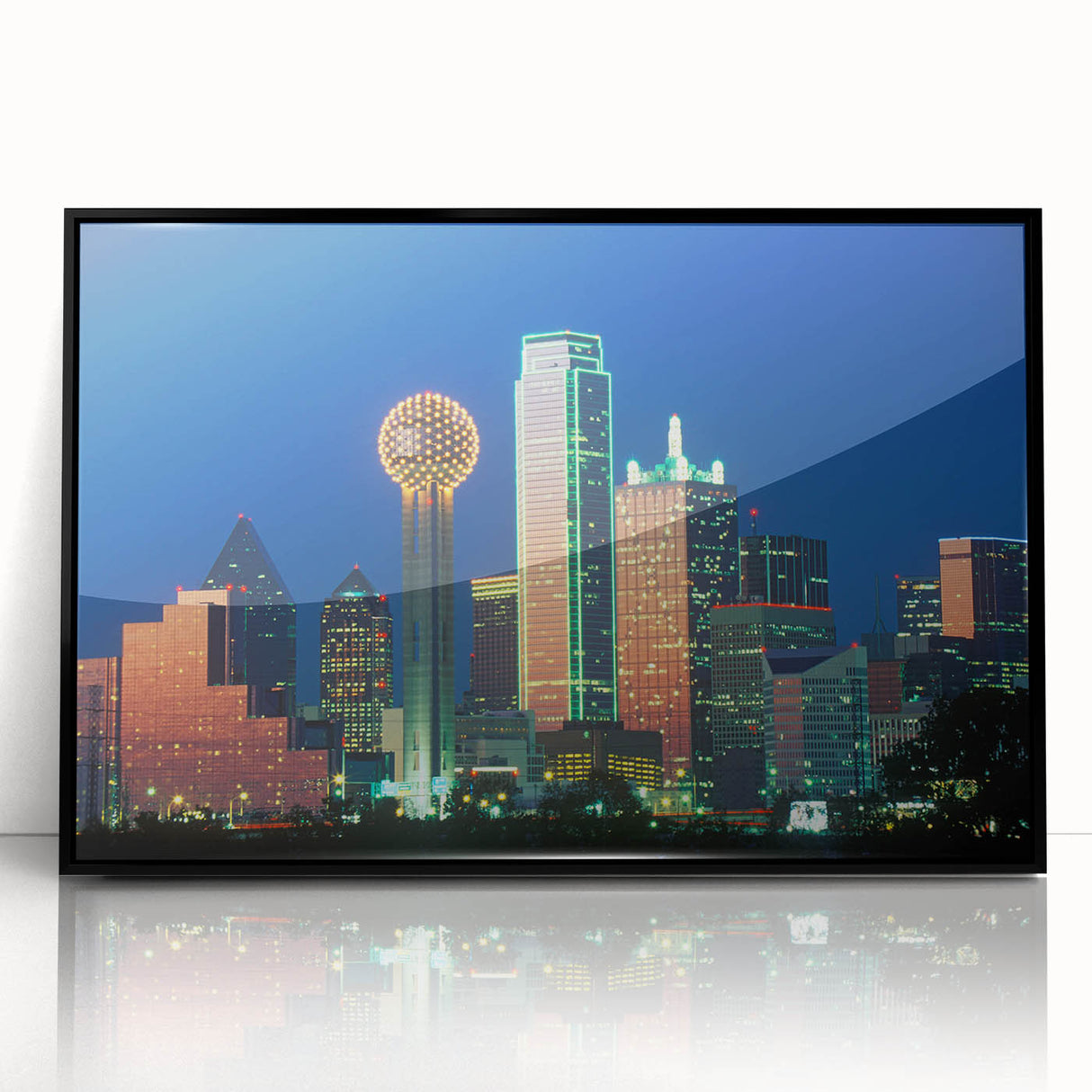 Large abstract wall art depicting the Dallas skyline in muted grayscale tones on a framed acrylic panel.