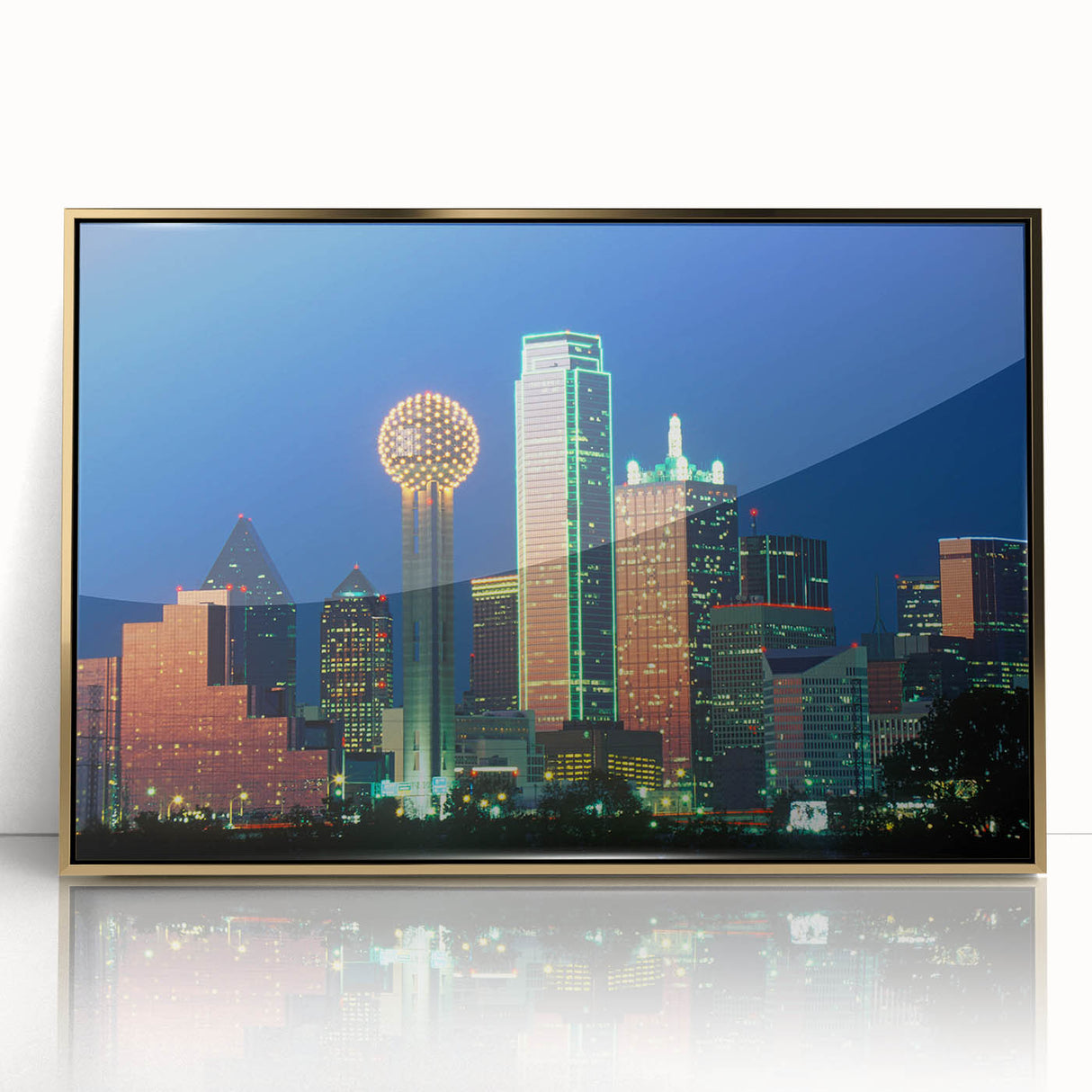 Large art print of Dallas skyline in muted gold and blue tones, framed acrylic, perfect for modern art wall decor.
