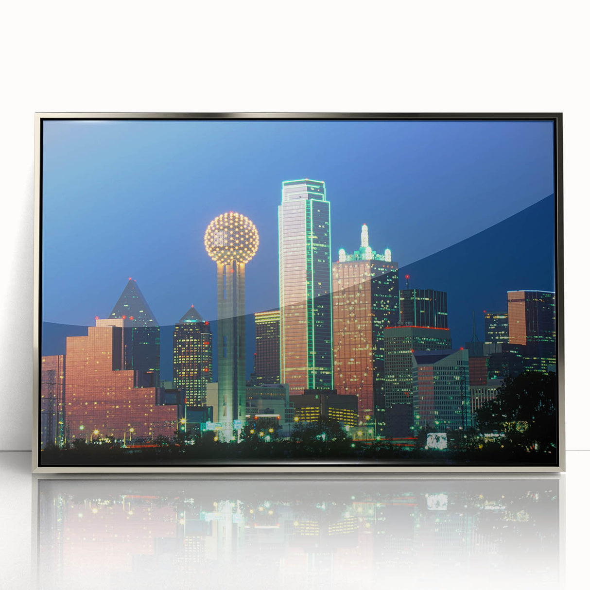 Mid-century modernist art of Dallas skyline in muted blue and silver tones on framed acrylic.