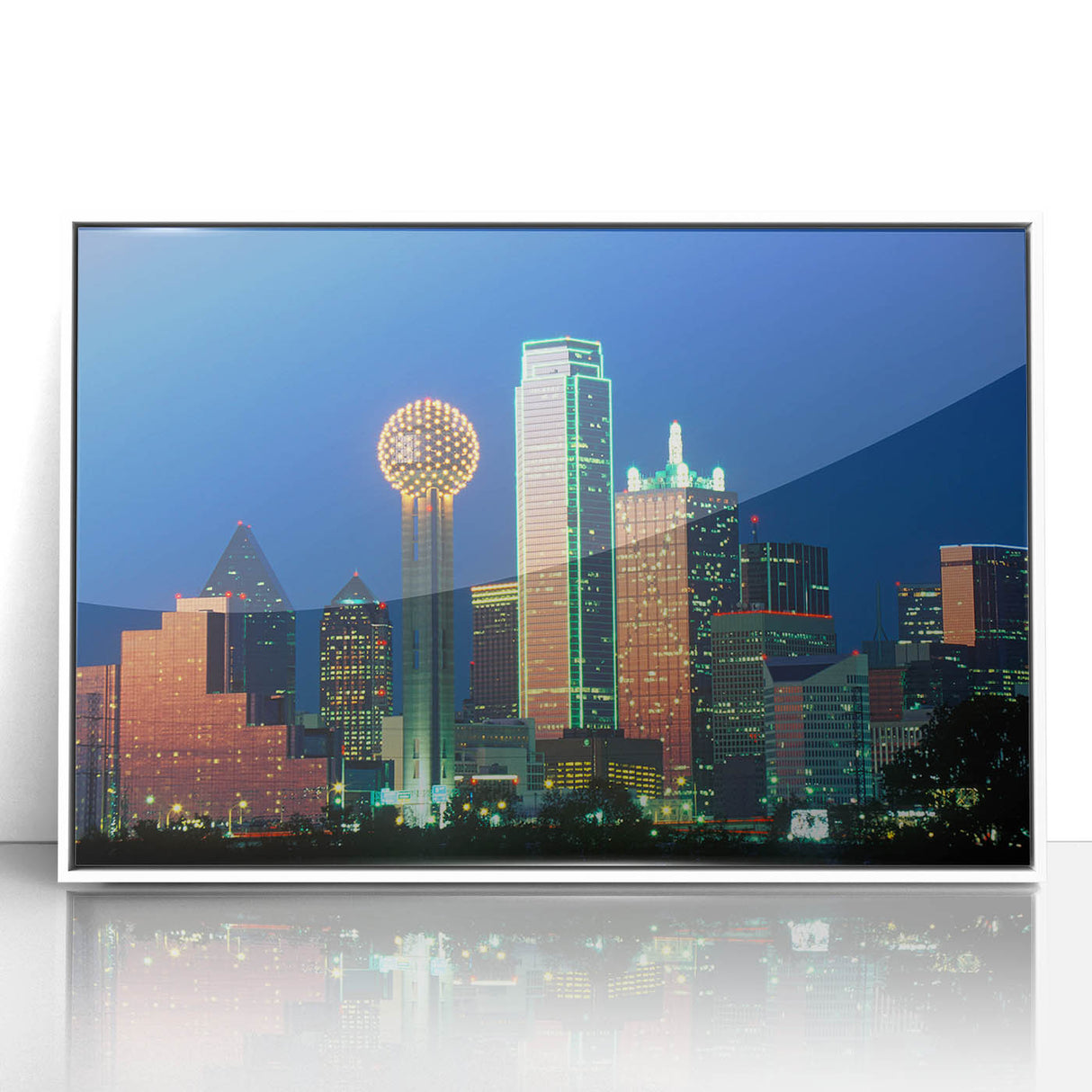 Framed acrylic print of Dallas skyline in muted gray and blue tones, suitable for modern art wall decor.