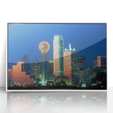Framed acrylic print of Dallas skyline in muted gray and blue tones, suitable for modern art wall decor.