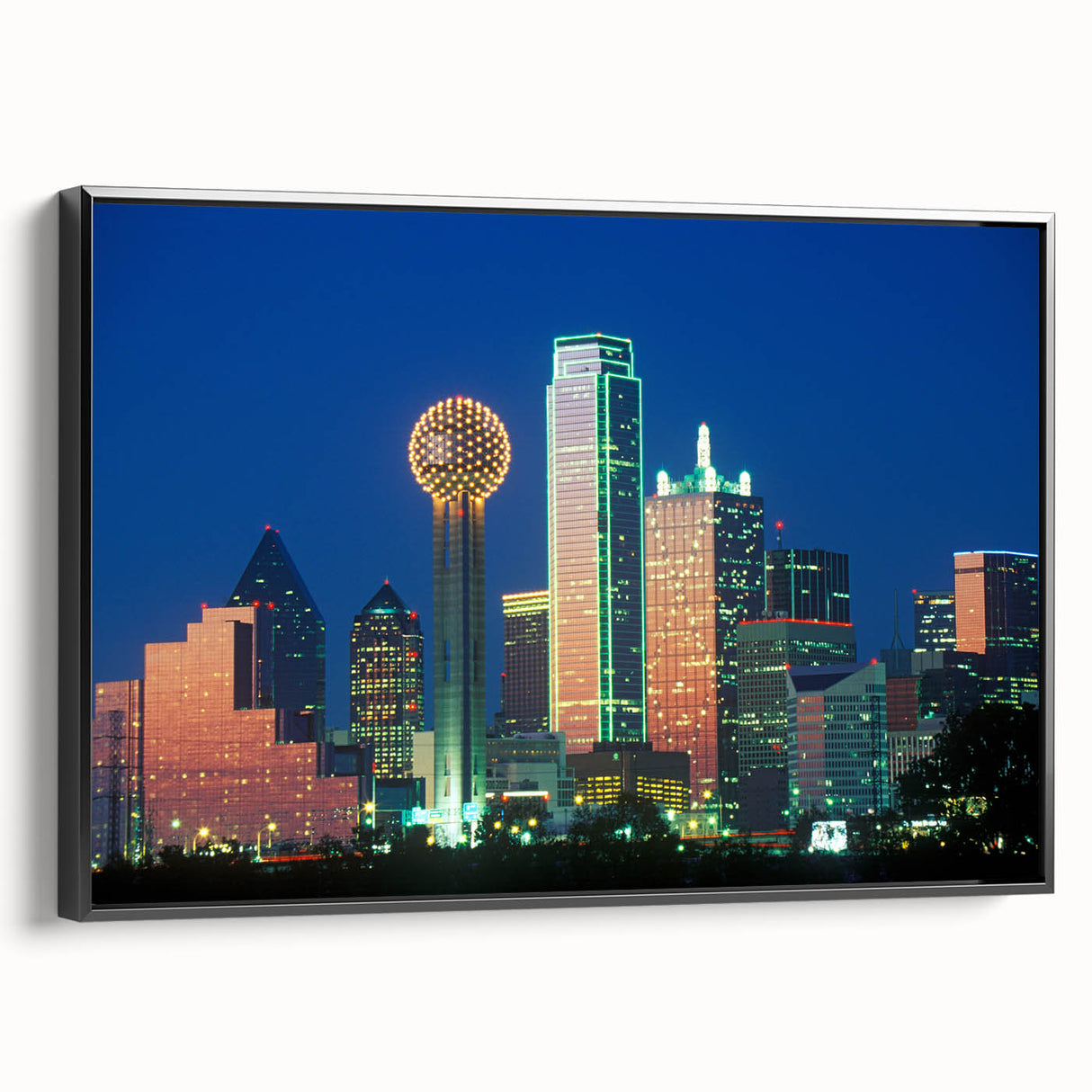 Black and white wall art featuring a vintage poster art style landscape of Dallas, Texas on a framed canvas.