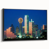 Black and white wall art featuring a vintage poster art style landscape of Dallas, Texas on a framed canvas.