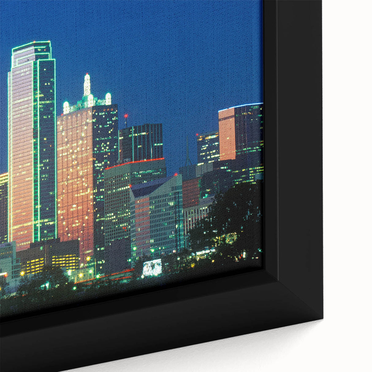 Textured black wall art of Dallas skyline on extra large framed canvas, with colorful accents, ideal for living room decor.