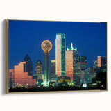 Framed canvas featuring a vintage poster art style landscape of Dallas, Texas, in black and gold tones.
