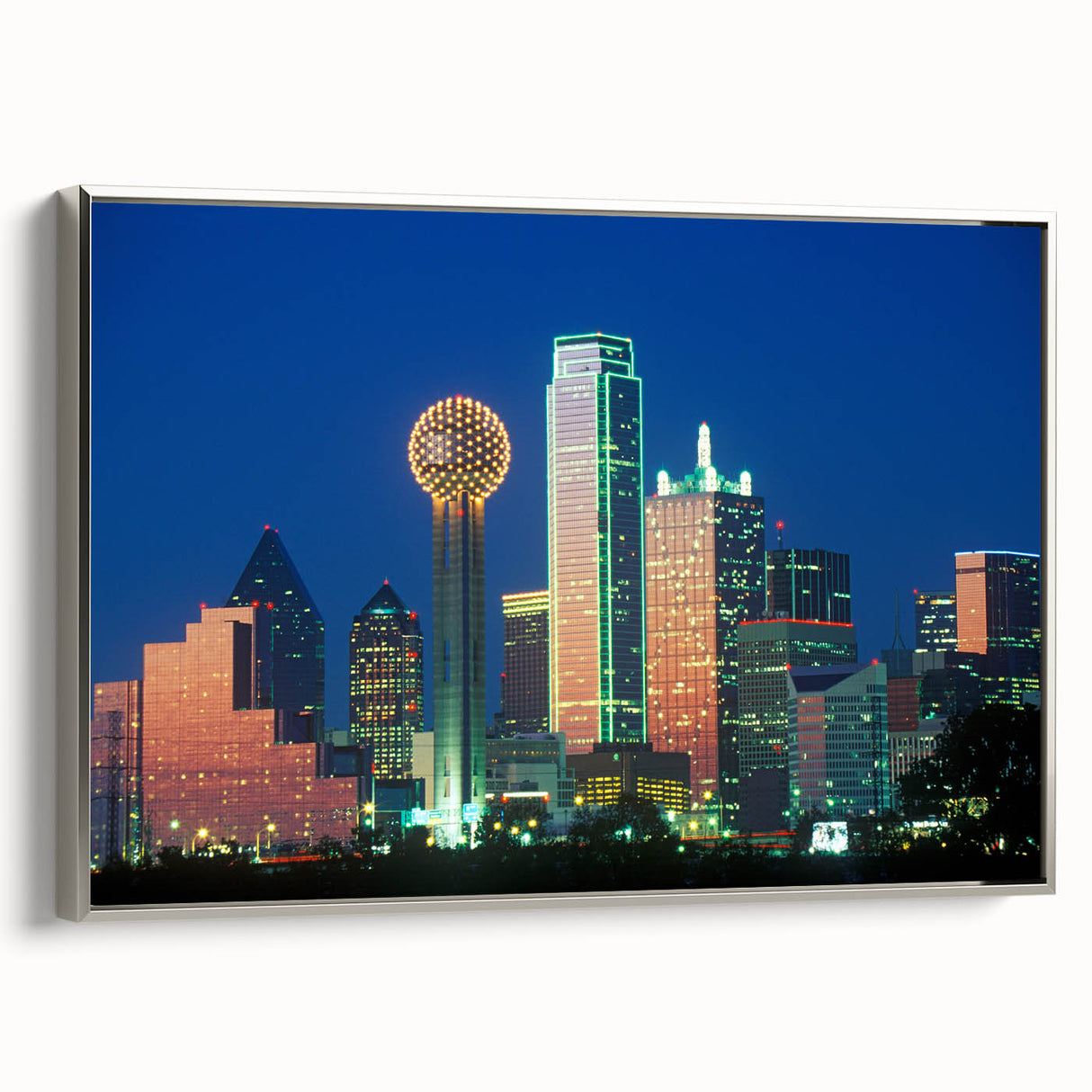 Framed canvas of Dallas skyline in colorful hues, ideal for modern office decor.