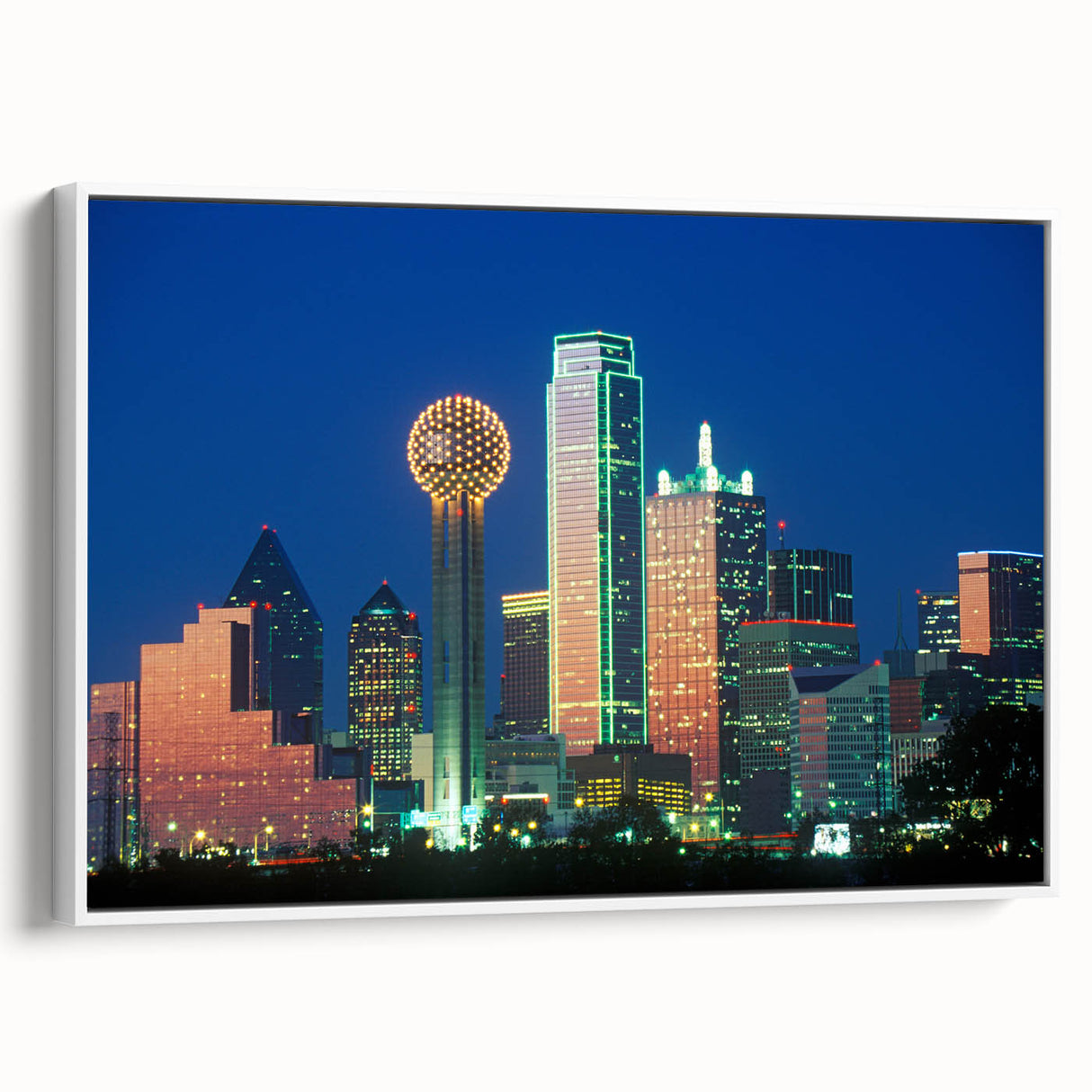 Vintage poster art of Dallas skyline in vibrant colors on a large framed canvas, suitable for living room decor.