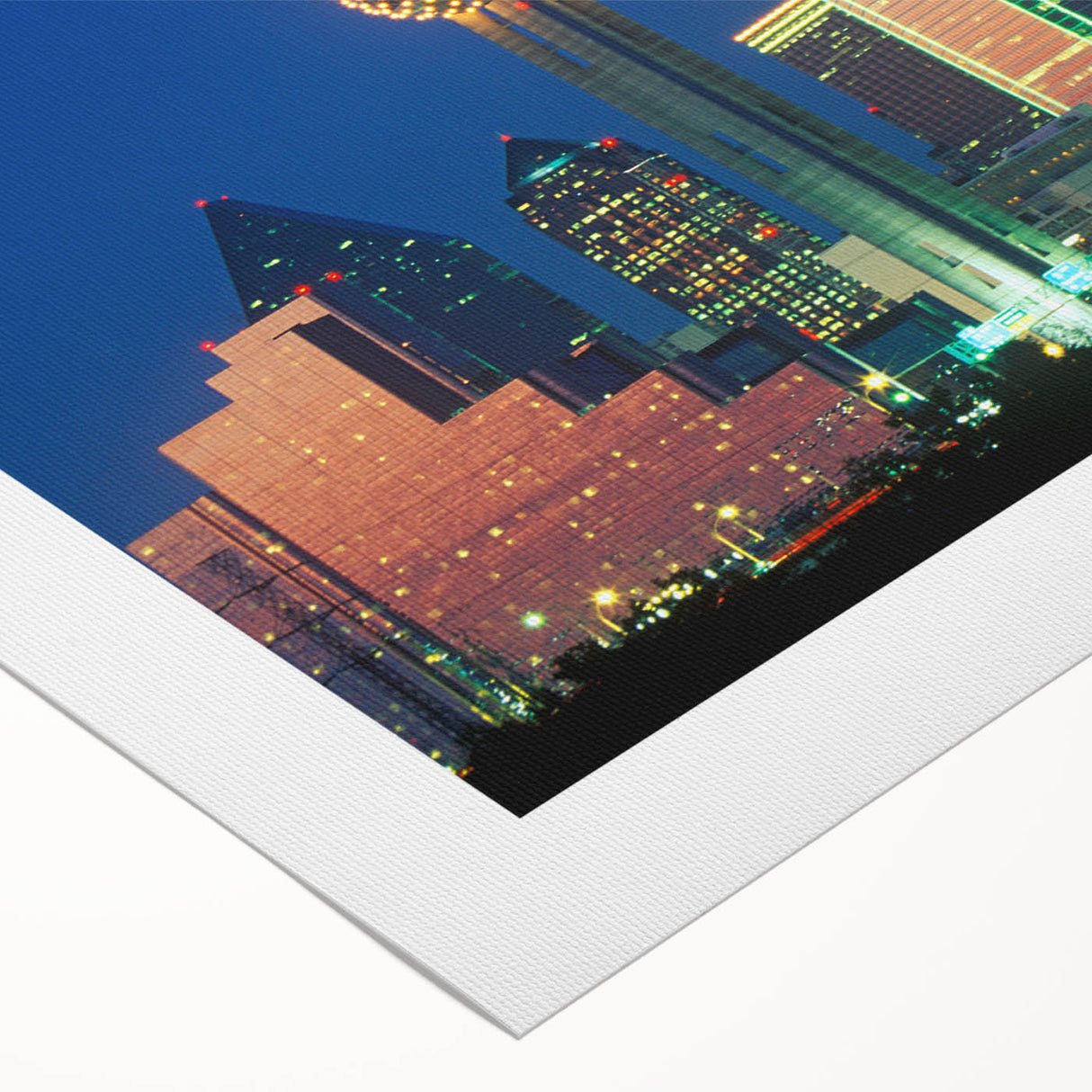 Art deco poster of Dallas skyline with pastel blue and pink shades on rolled canvas, suitable for dining room decor.
