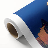 Art deco poster of Dallas skyline in muted metallic tones on rolled canvas, suitable for dining room wall art.