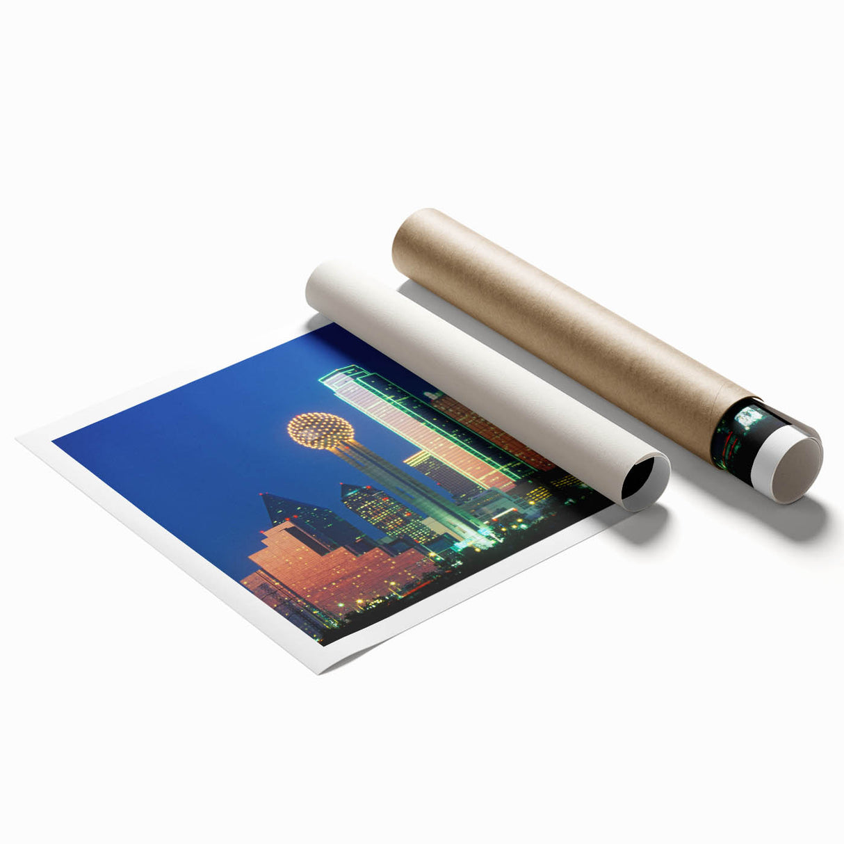 Extra large rolled print of Dallas skyline with muted blue and gray tones, ideal for classy bathroom wall art.