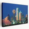Dallas skyline depicted in muted gray and blue tones on a large stretched canvas, suitable for kitchen wall art.