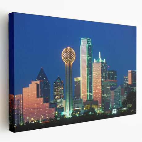 Dallas skyline depicted in muted gray and blue tones on a large stretched canvas, suitable for kitchen wall art.