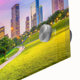 Large abstract wall art depicting the Houston skyline in muted earth tones on acrylic glass, ideal for dining room ambiance.