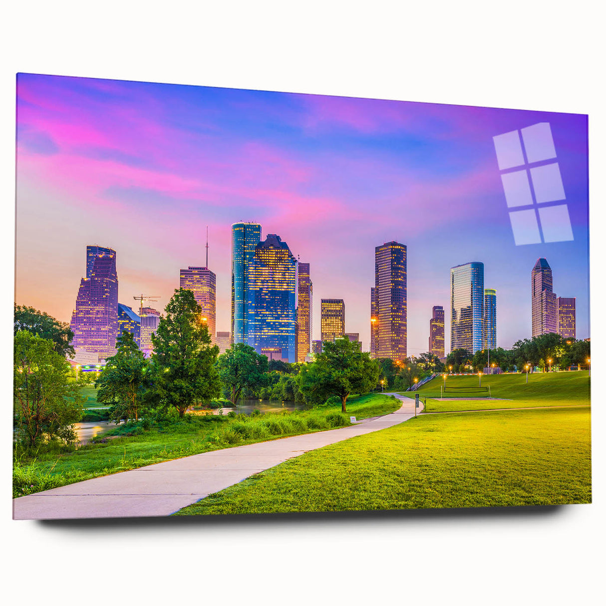Large abstract wall art of Houston skyline in muted gray and blue tones on acrylic glass.