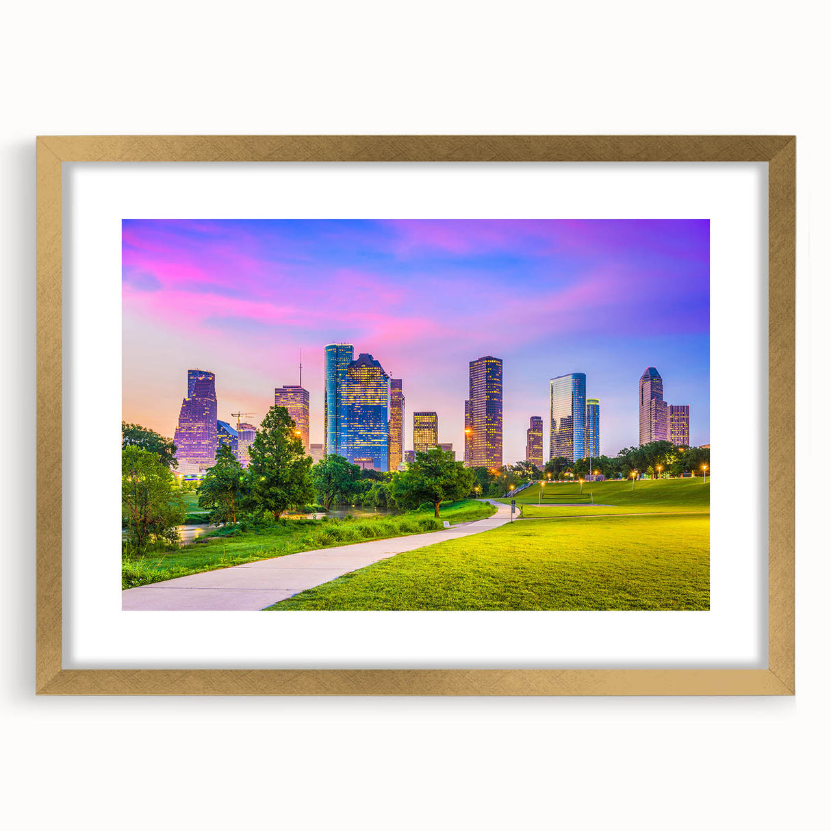 Extra large abstract art print of Houston skyline in textured gold frame, ideal for living room decor.